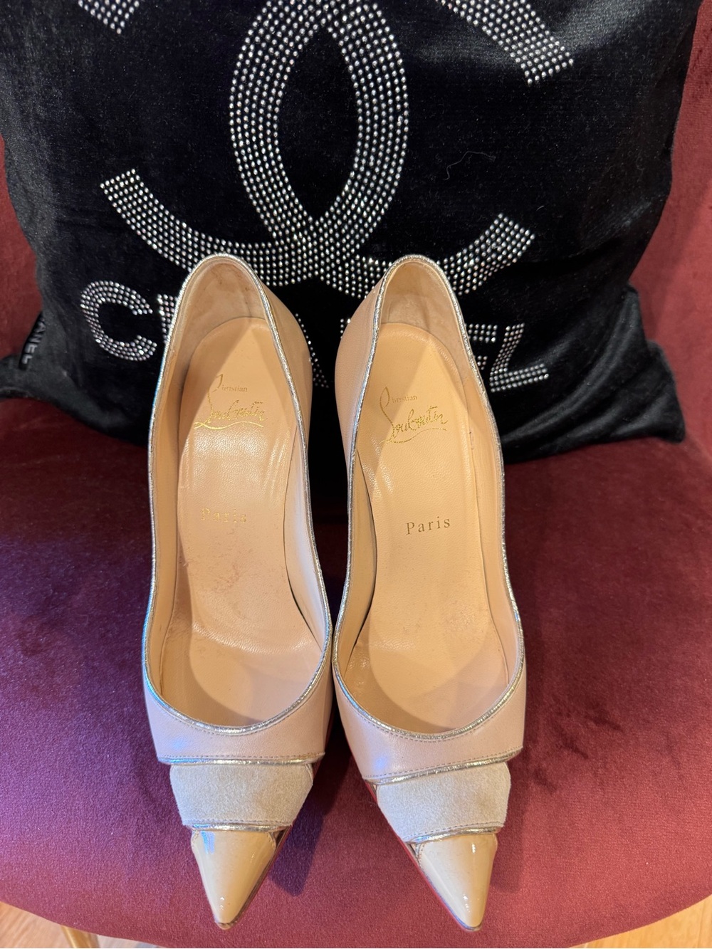 Christian Louboutin Beige and Silver Pointed-Toe Pumps